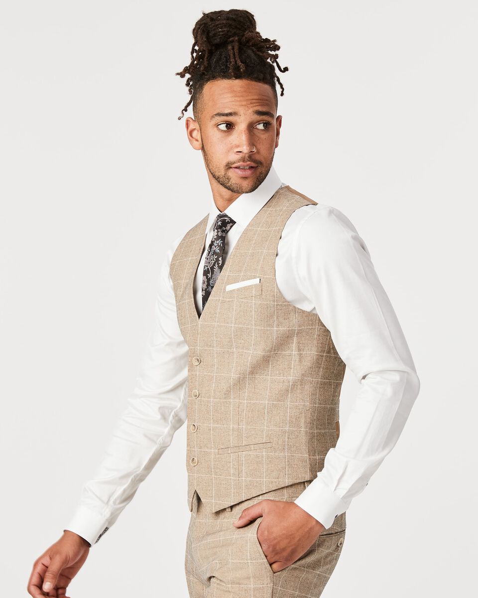 Mens Tan Check Suit Vest